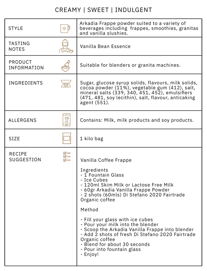 Arkadia Vanilla Frappe Product Info Table