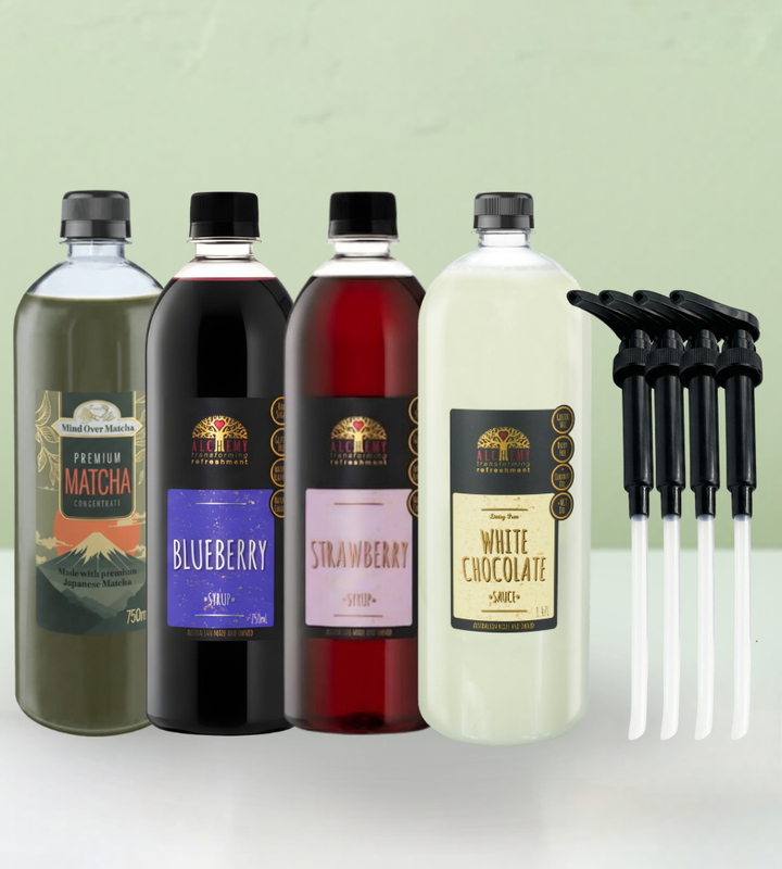 Four alchemy syrups with pumps for matcha kit 