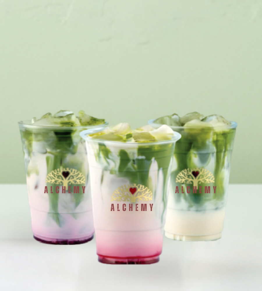 Image of 3 iced matcha drinks with alchemy syrups 