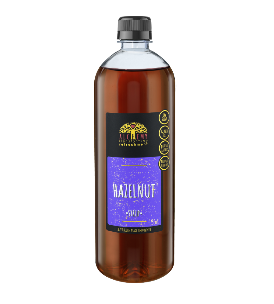 Front of bottle alchemy premium hazelnut syrup