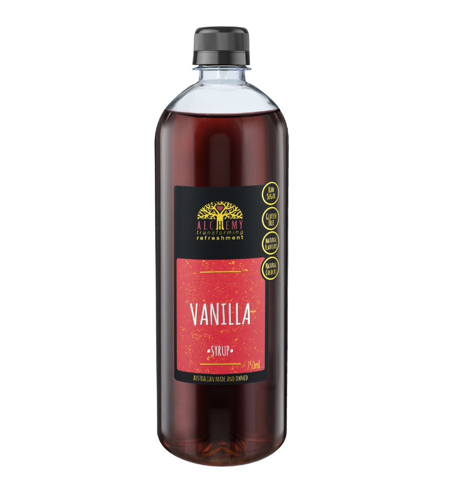 Front of bottle of premium alchemy vanilla syrup 