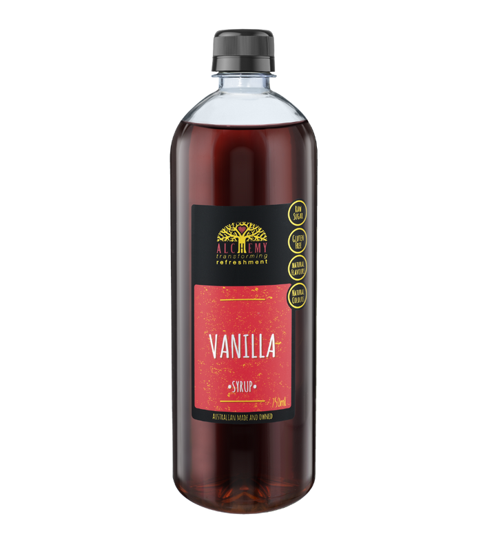 Front of bottle of premium alchemy vanilla syrup 