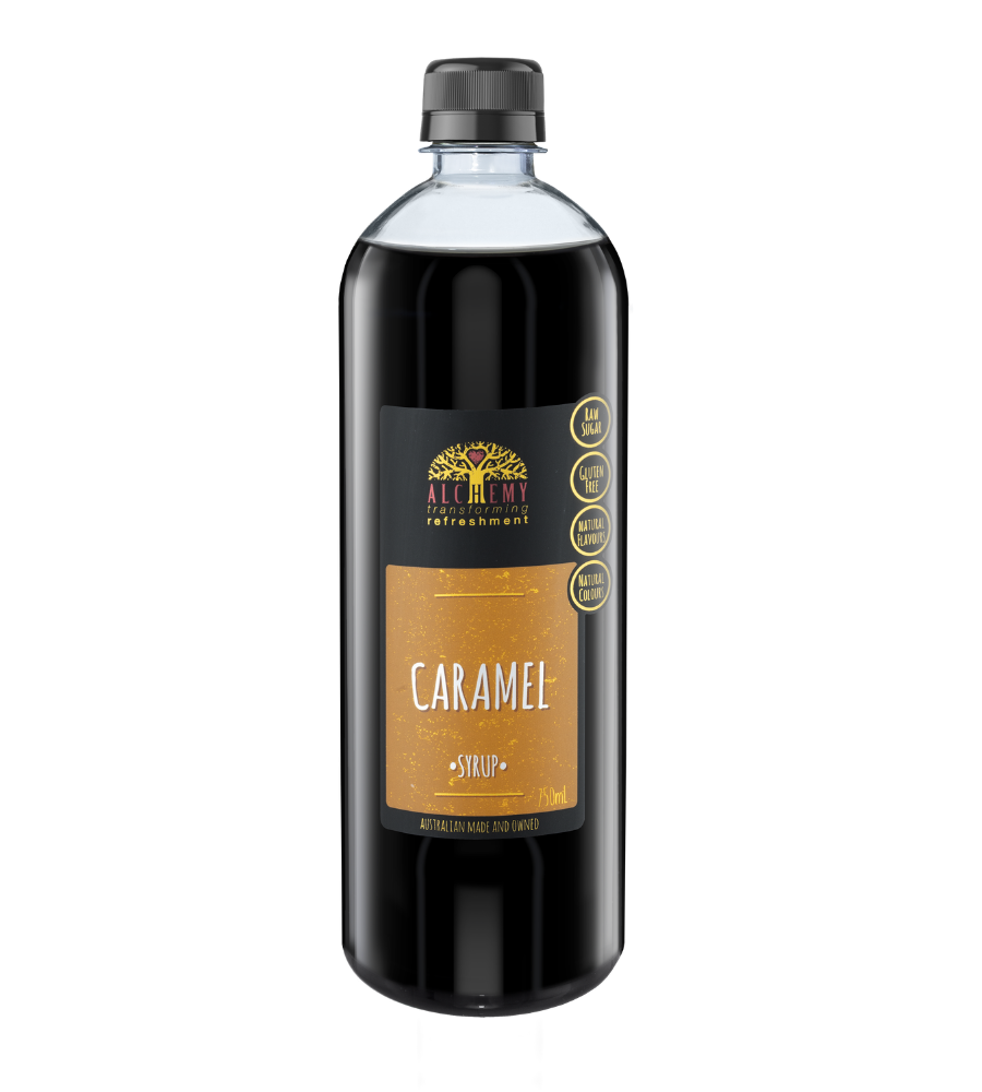 Bottle of premium alchemy caramel syrup front 