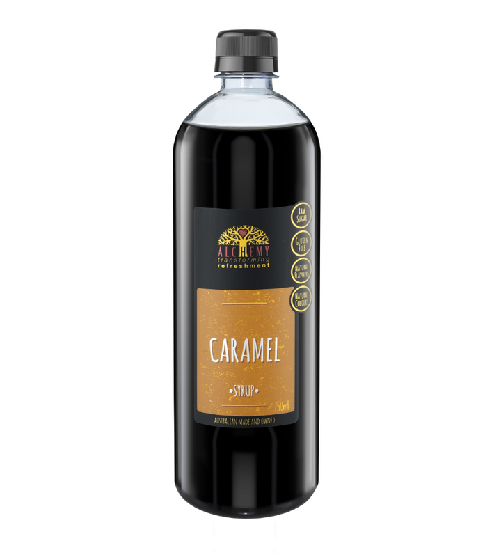 Bottle of premium alchemy caramel syrup front 