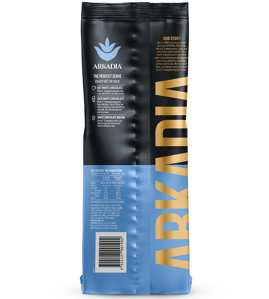Arkadia White Drinking Chocolate - back of pack 1kg