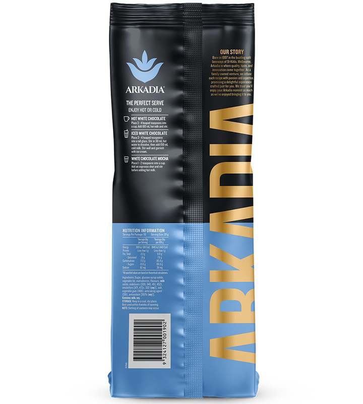 Arkadia White Drinking Chocolate - back of pack 1kg