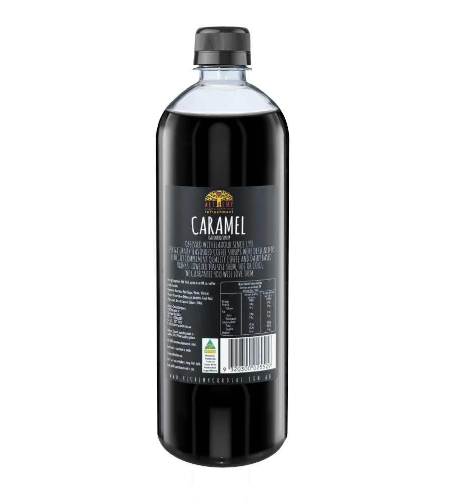 Back of premium alchemy caramel syrup