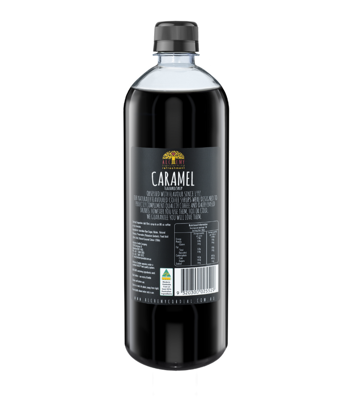 Back of premium alchemy caramel syrup