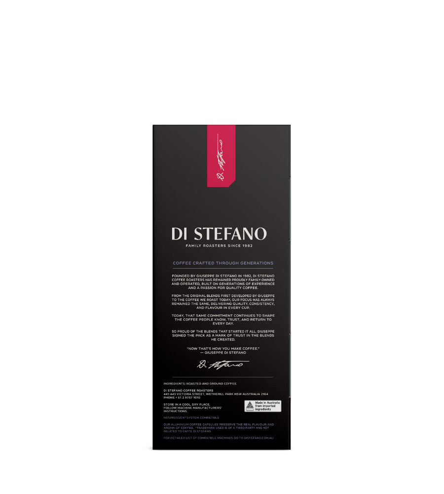 A tall black rectangular package for Di Stefano coffee