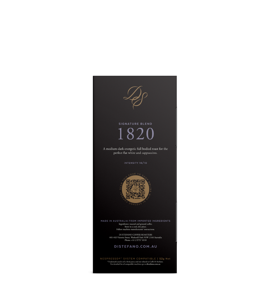 A tall, narrow black chocolate bar package labeled 'DS Signature Blend 1820' back view