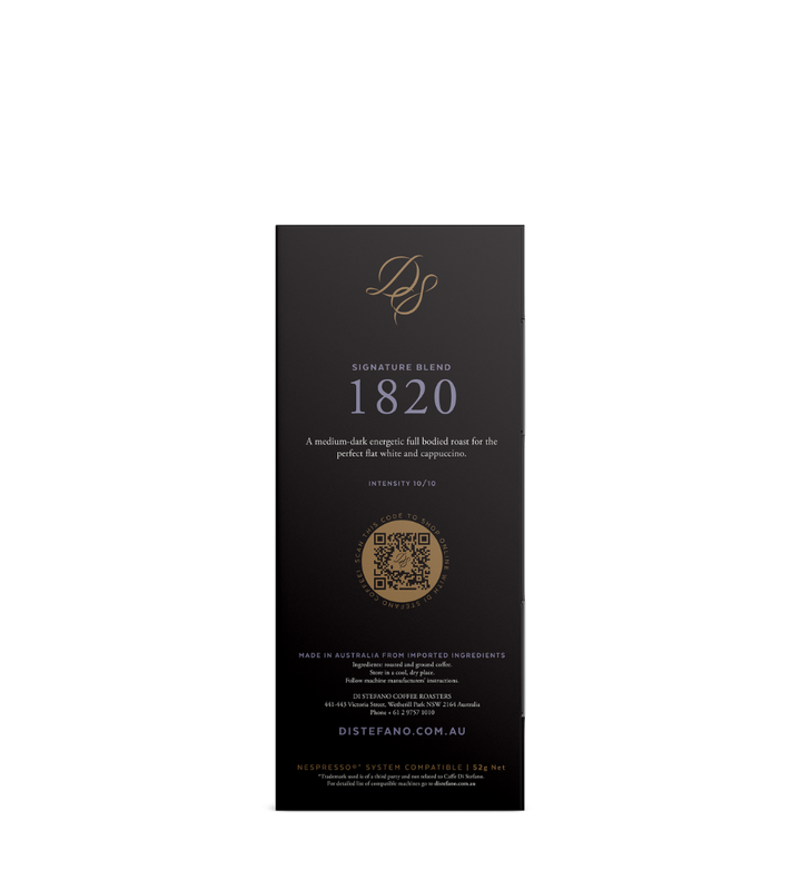 A tall, narrow black chocolate bar package labeled 'DS Signature Blend 1820' back view