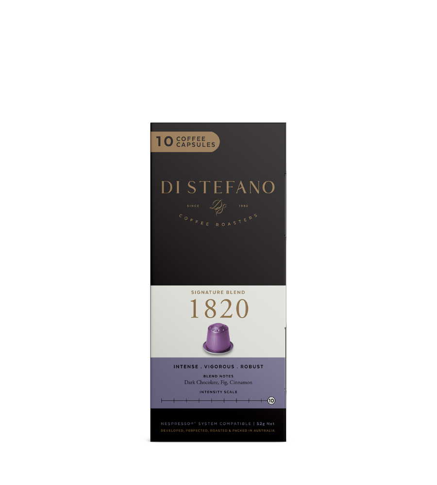 A tall rectangular box of Di Stefano 1820 coffee capsules.