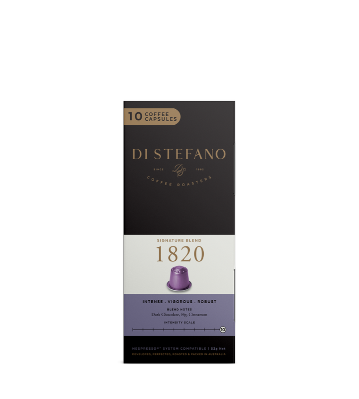 A tall rectangular box of Di Stefano 1820 coffee capsules.