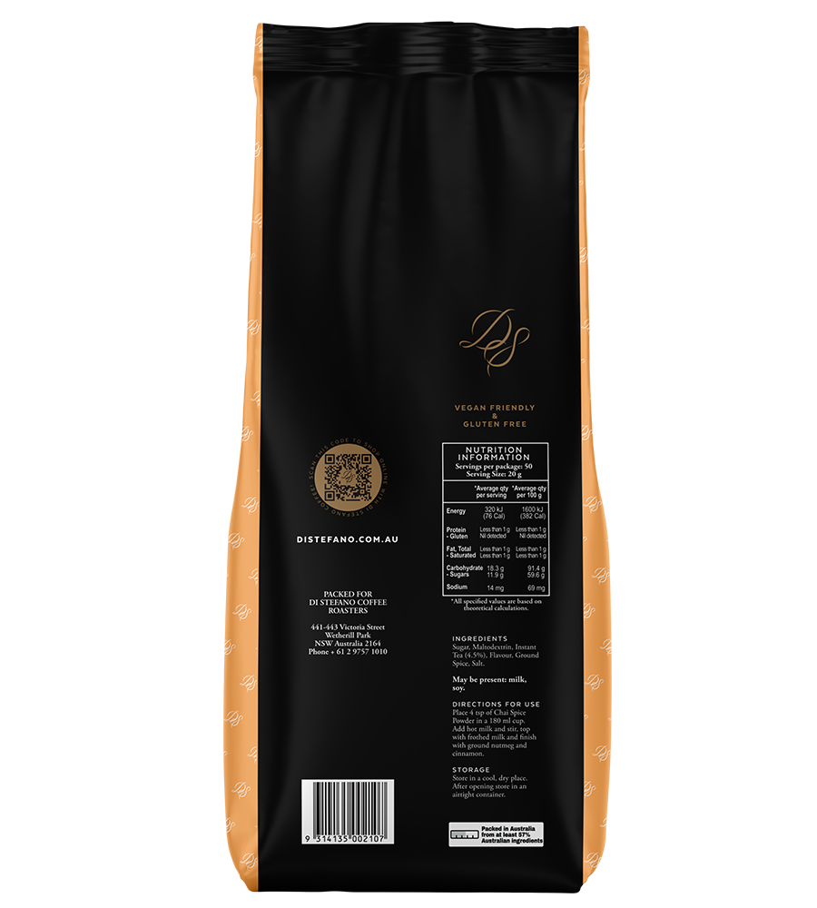 Image of back of Chai Spice bag, containing Chai Latte Powder mix