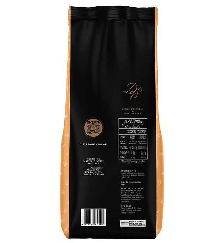 Image of back of Chai Spice bag, containing Chai Latte Powder mix