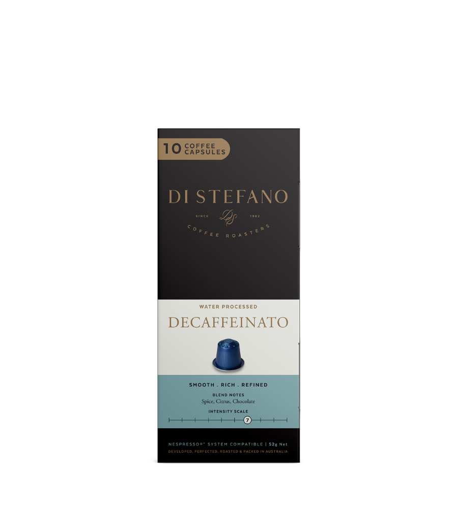 A tall rectangular box of Di Stefano Decaffeinato coffee capsules