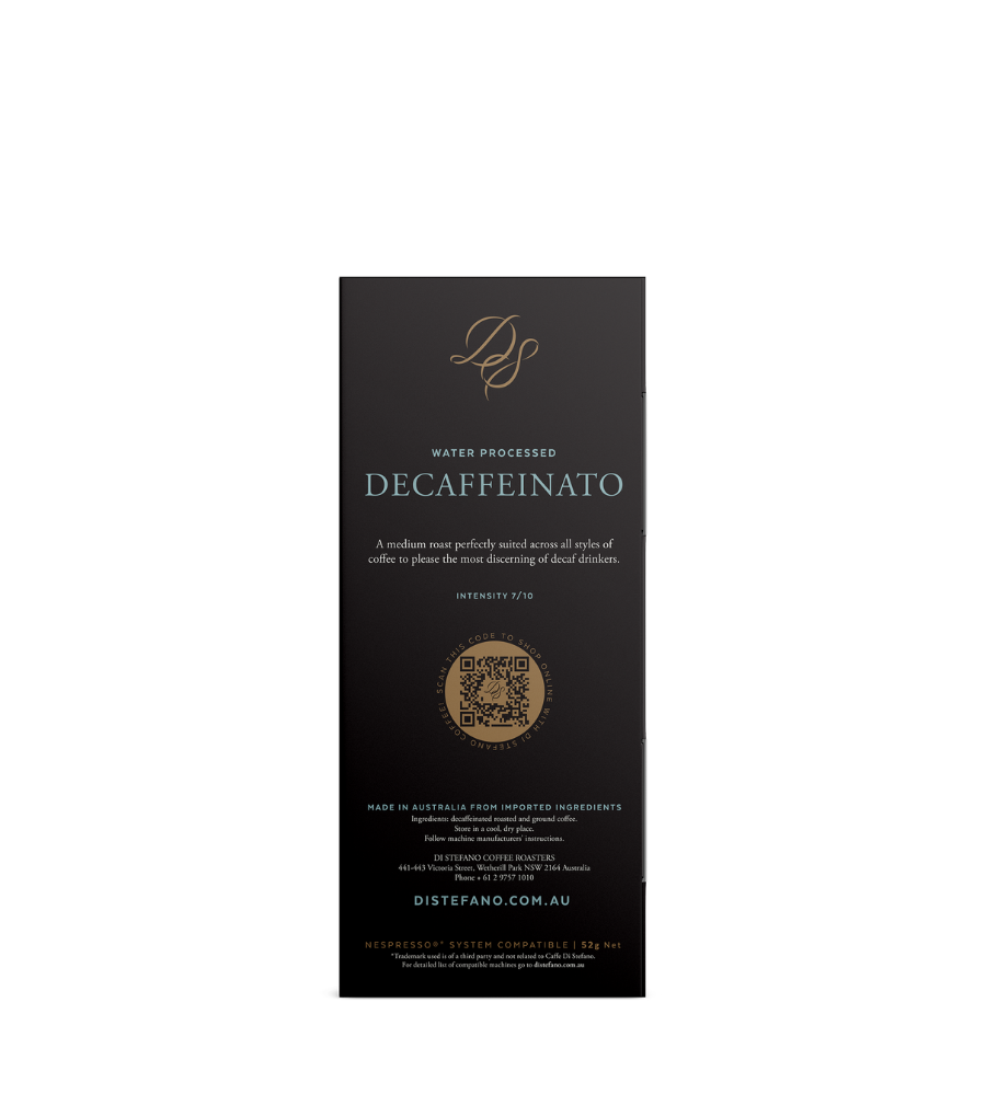 A tall, narrow black product box for Di Stefano Decaffeinato water processed coffee back view