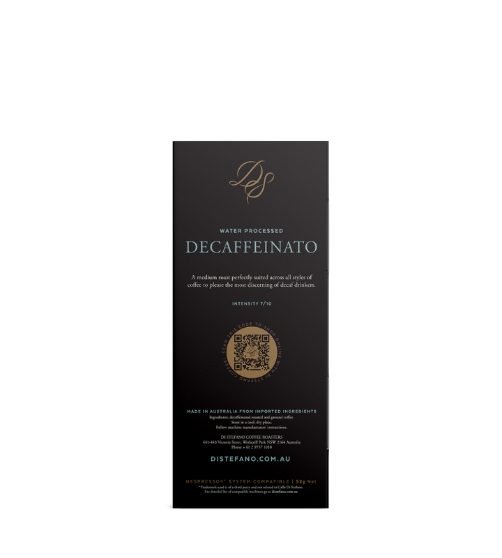A tall, narrow black product box for Di Stefano Decaffeinato water processed coffee back view