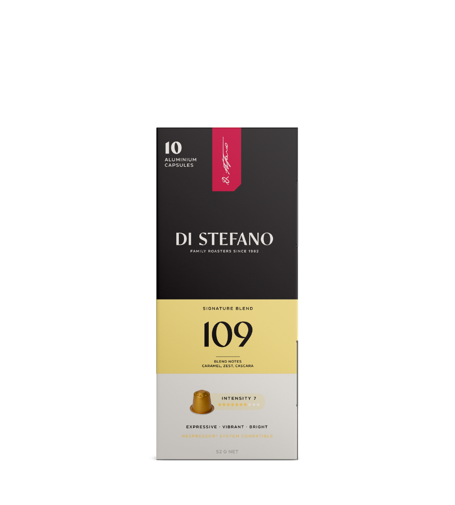 A tall rectangular box of Di Stefano 109 espresso capsules