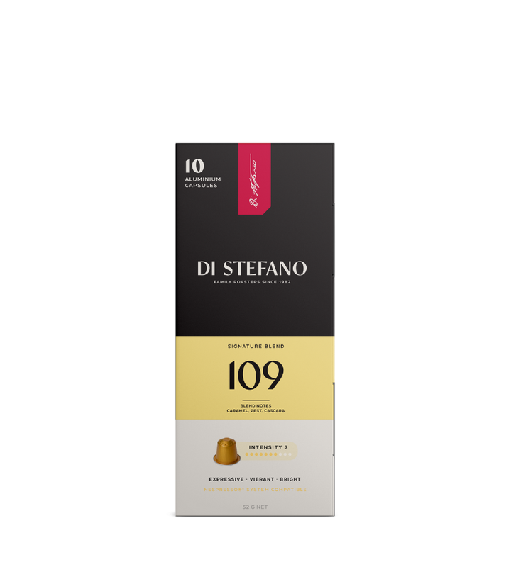 A tall rectangular box of Di Stefano 109 espresso capsules