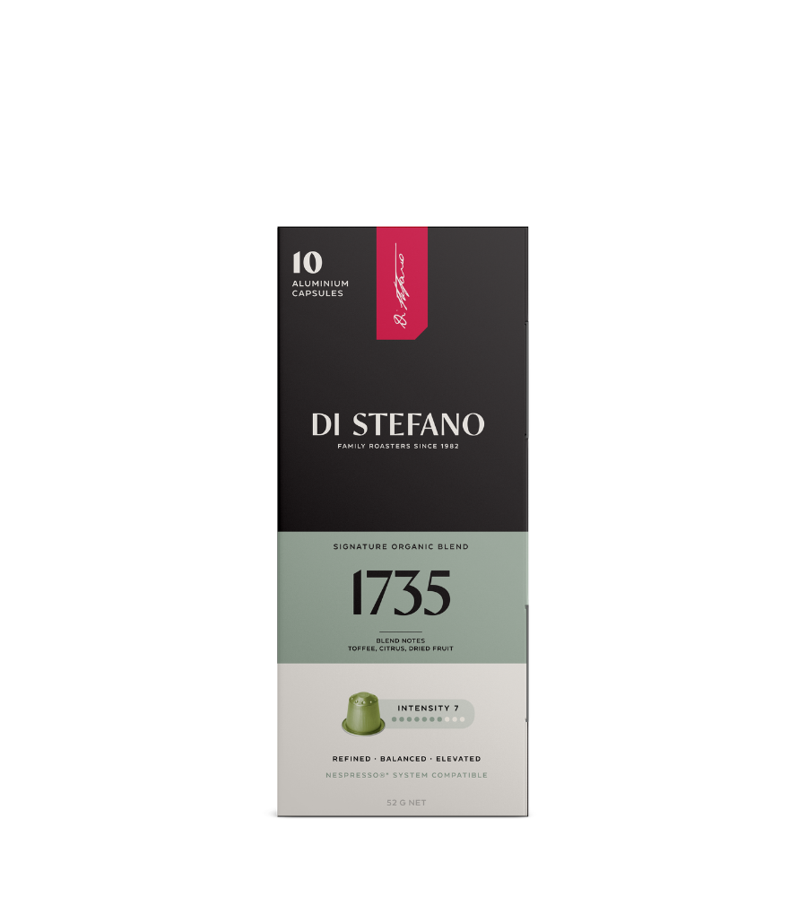 A vertical box of Di Stefano 1735 Signature Organic Blend coffee capsules
