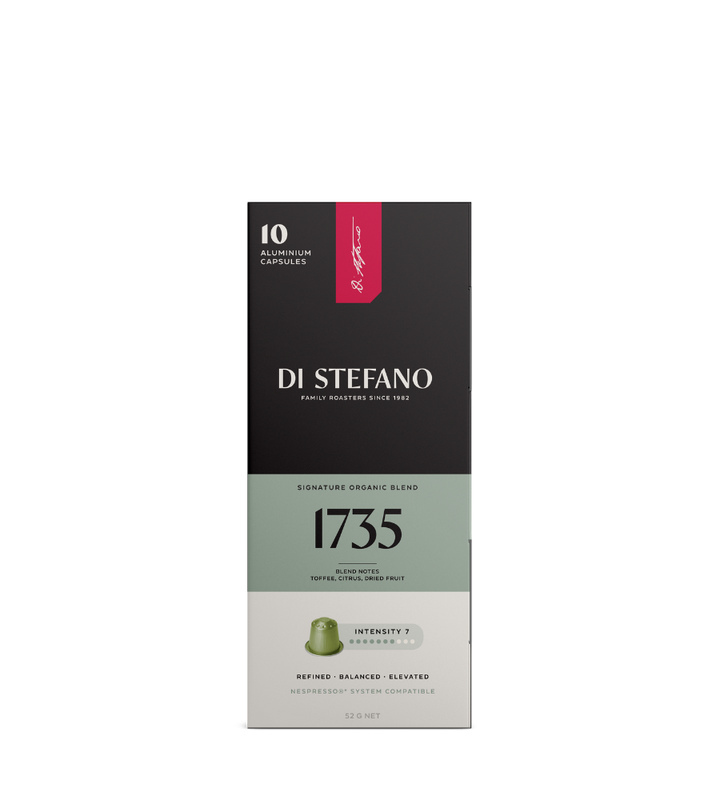 A vertical box of Di Stefano 1735 Signature Organic Blend coffee capsules