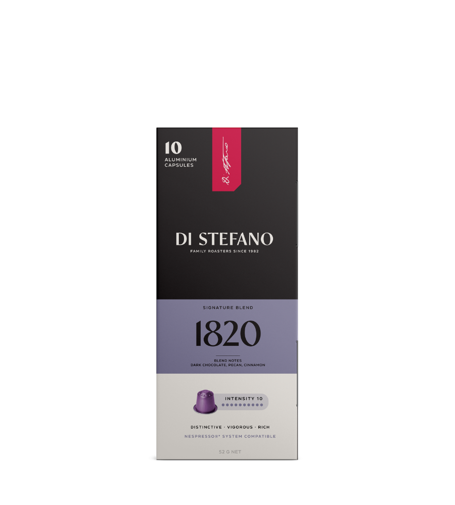 A vertical rectangular box of Di Stefano 1820 espresso capsules