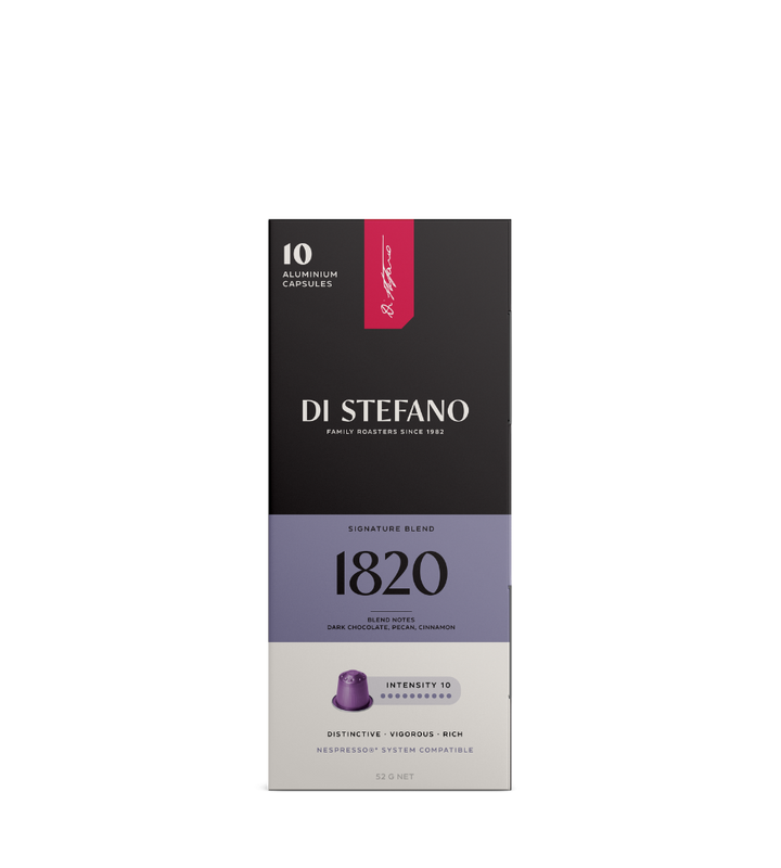 A vertical rectangular box of Di Stefano 1820 espresso capsules
