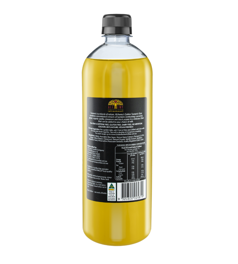 Back of alchemy bottle turmeric elixir