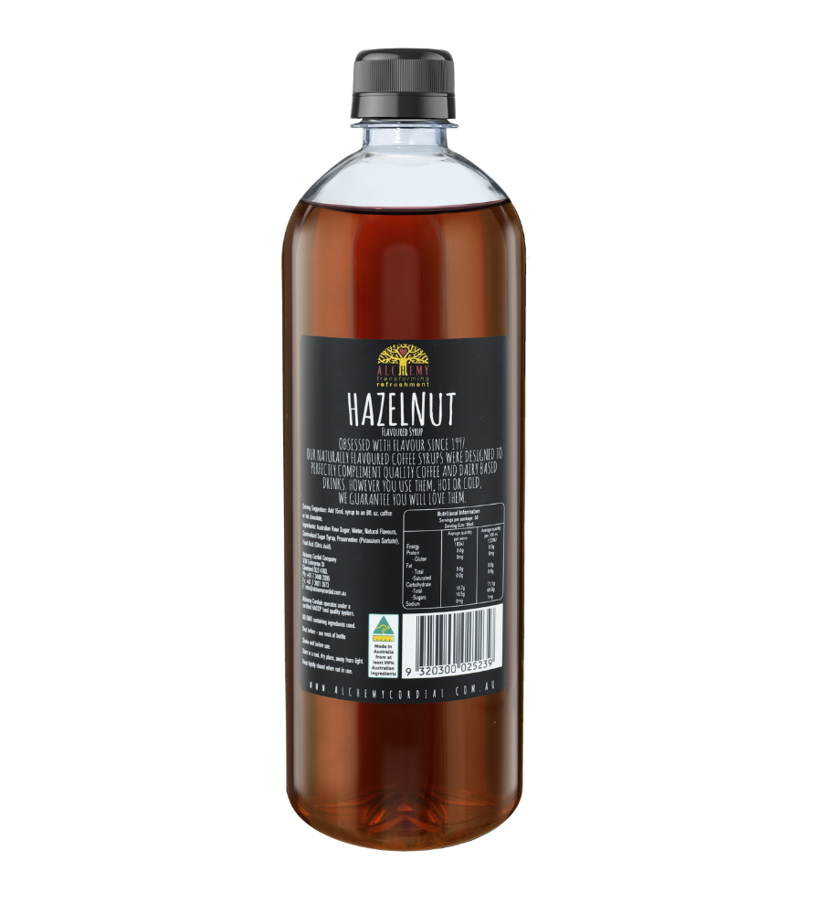 Back of bottle alchemy premium hazelnut syrup
