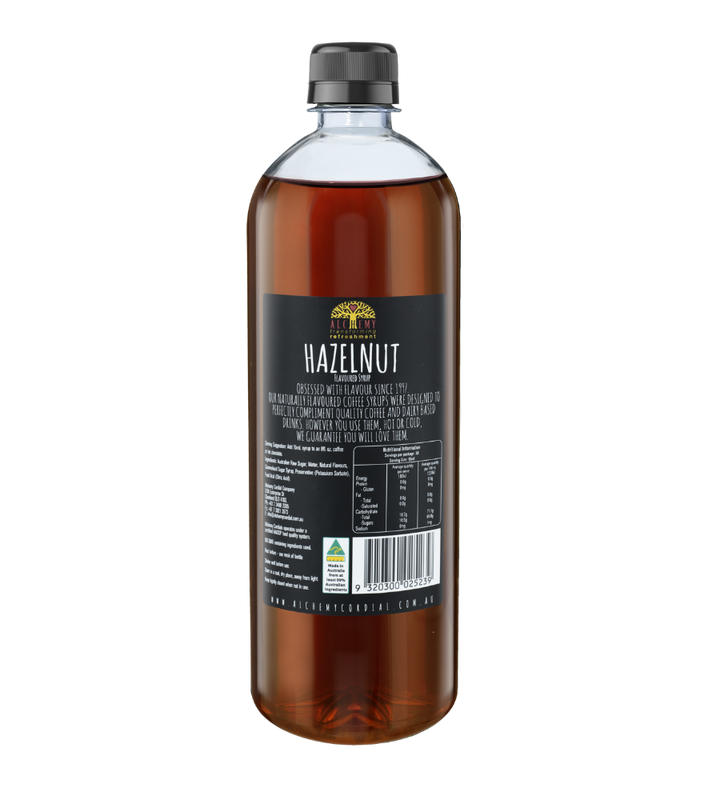 Back of bottle alchemy premium hazelnut syrup