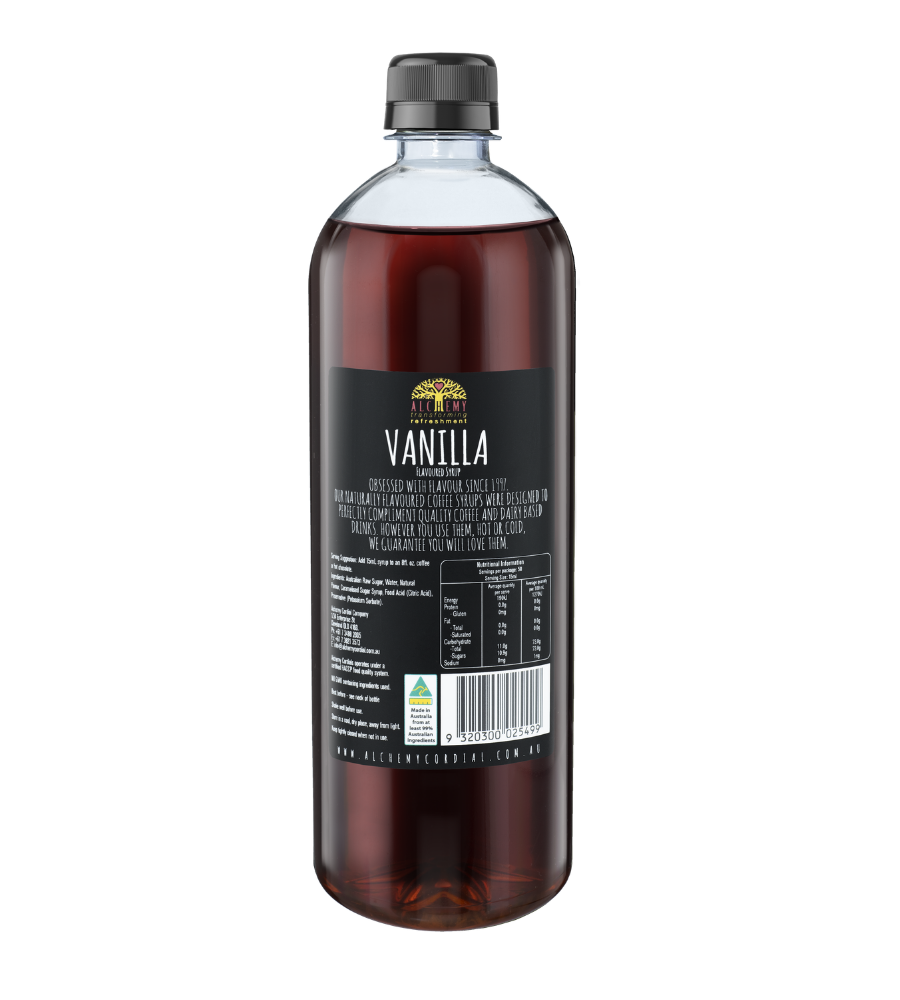 Back of bottle of premium alchemy vanilla syrup 