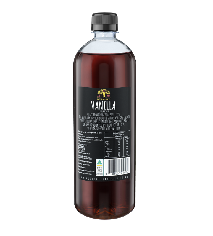 Back of bottle of premium alchemy vanilla syrup 