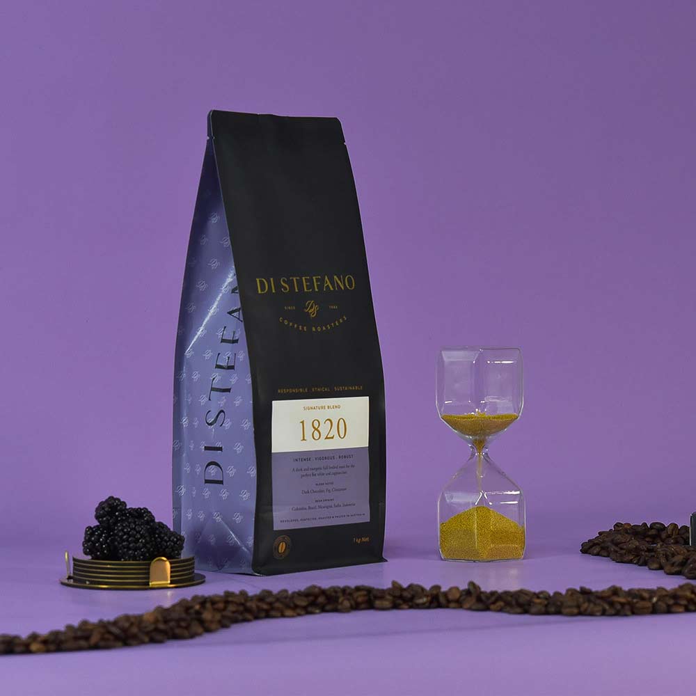 Bag of Strong Dark Roast Coffee with Fruit & Hour Glass - Di Stefano Coffee